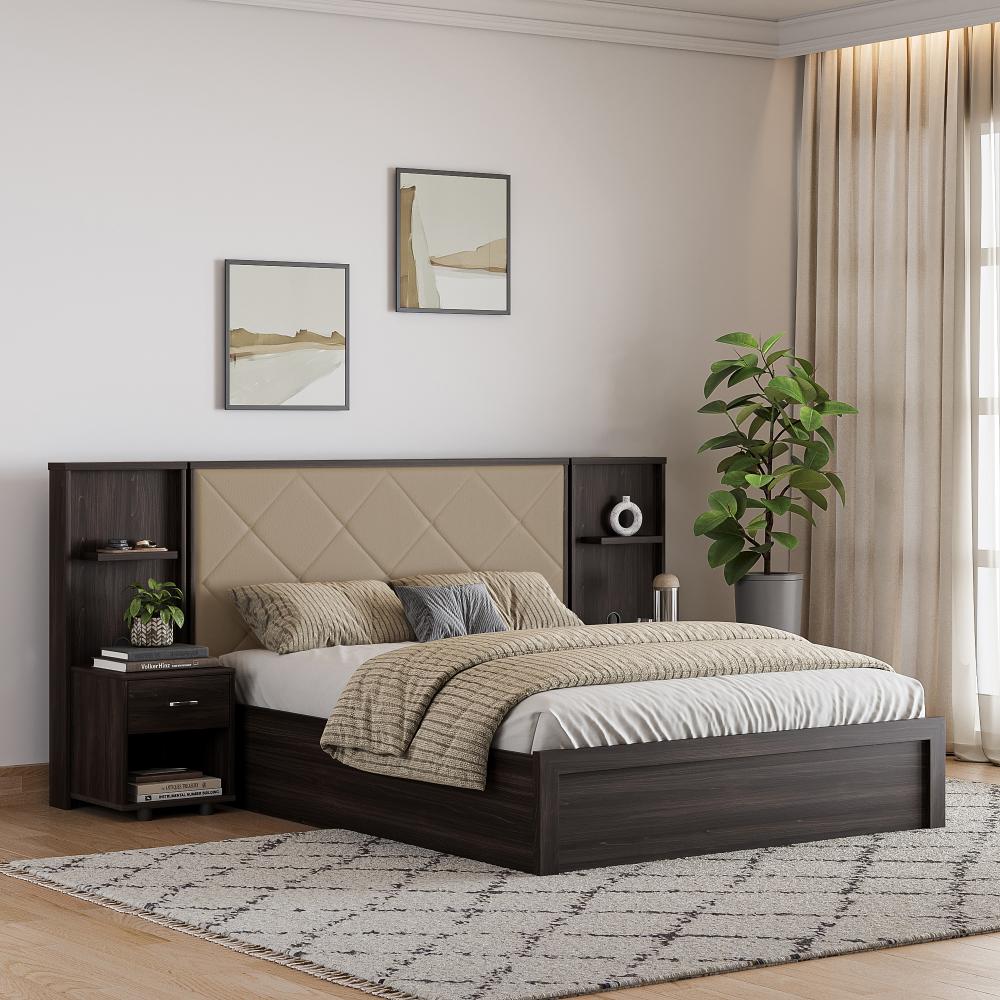 Wakefit Noctis Queen Storage Engineered Wood Bed With Beige Fabric Upholstered Headboard